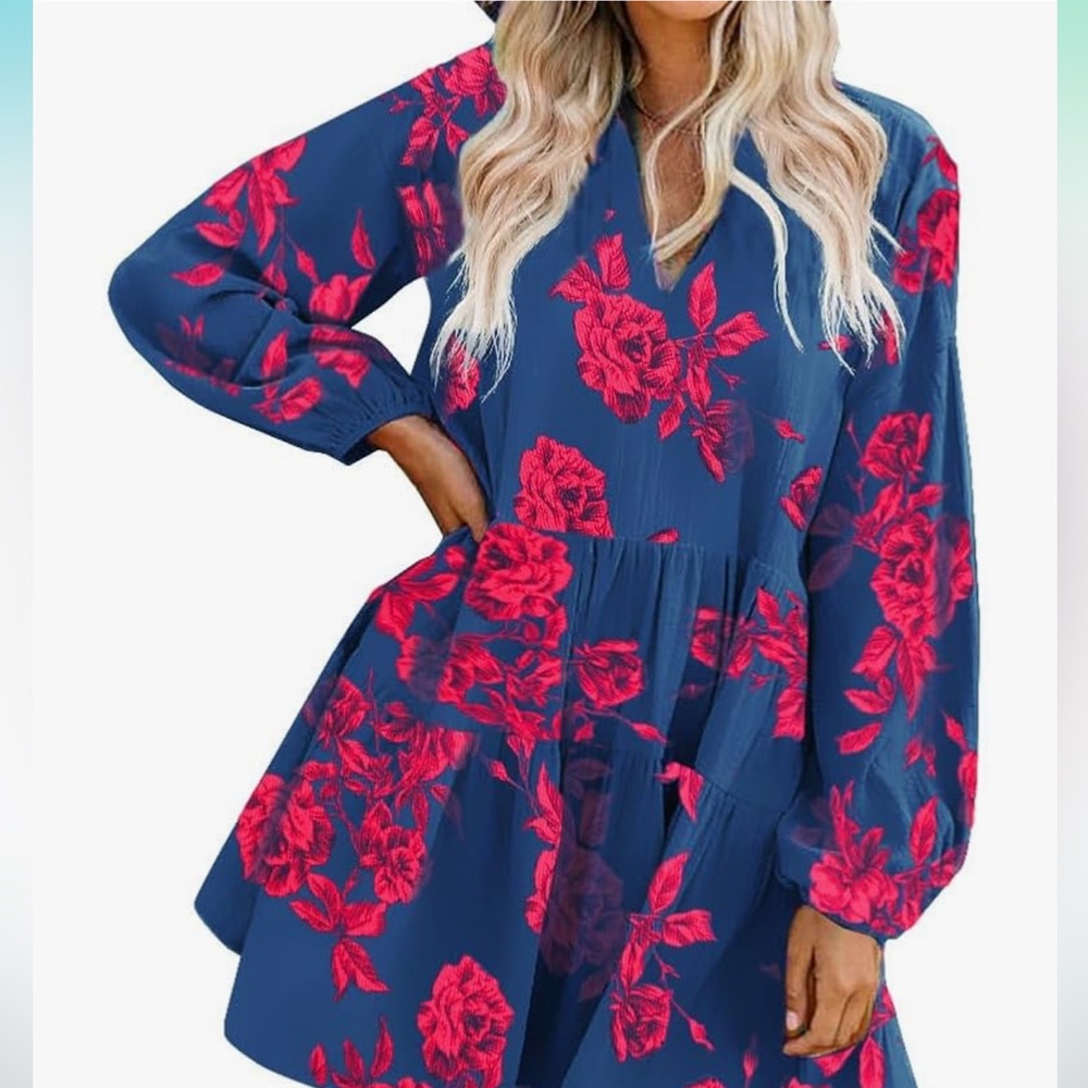 NWT Blue and Red A-Line Dress with Bishop Sleeves